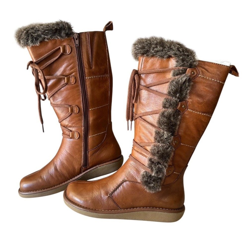 Very Volatile Leather Log Cabin Faux Fur Boots Knee High Side‎ Zip Lace Up *READ